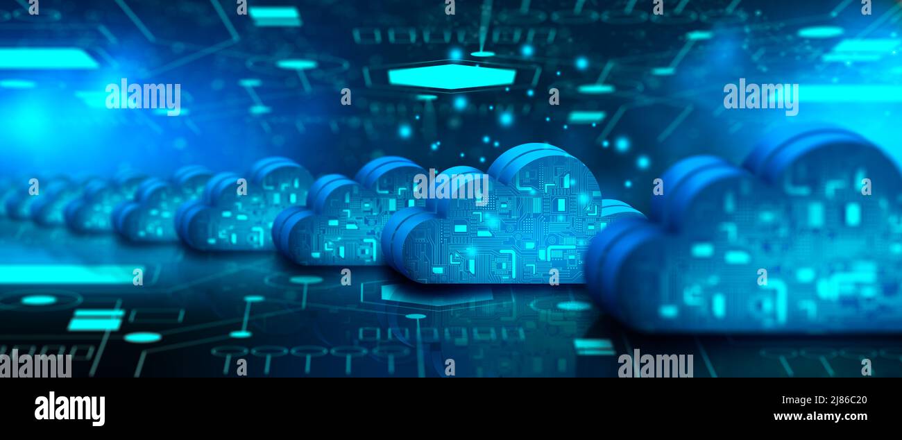 Cloud computing technology internet on Converging point of circuit with Abstract blue background. Cloud Service, Cloud Storage Concept. Stock Photo