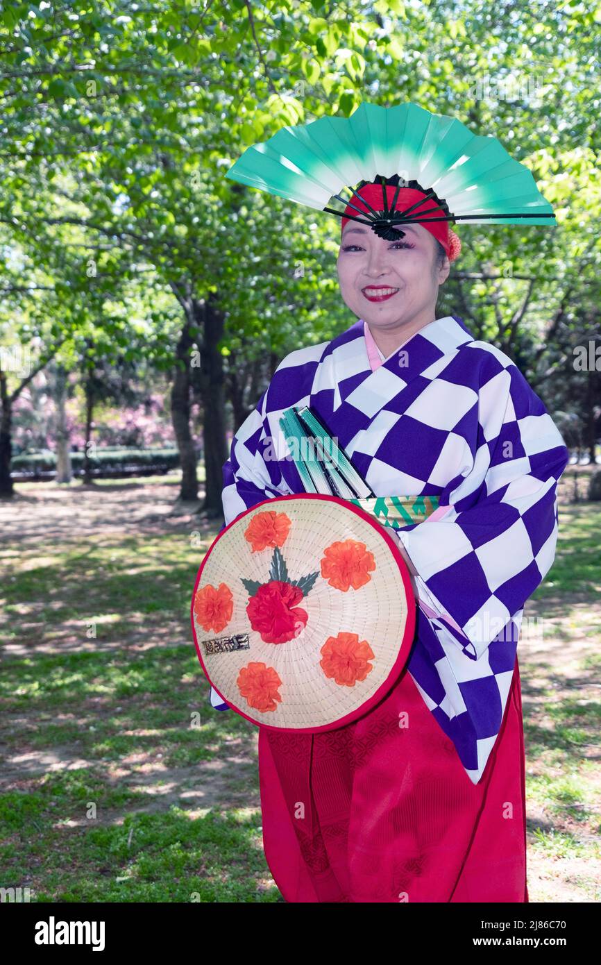 Posed portrait of a member of the Japanese Folk Dance Institute at the Sakura Matsuri celebration in Queens, New York. Stock Photo