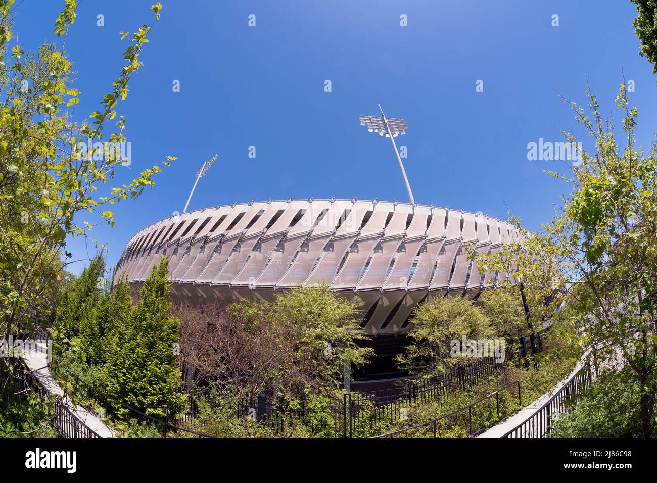 A fisheye lens view of Grandstand Stadium at the USTA Billie jean King National Tennis Center in