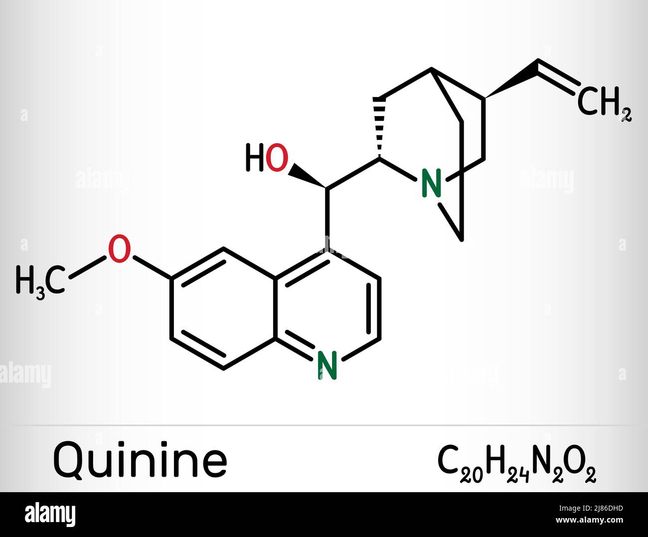 Quinine molecule. It is natural alkaloid derived from the bark of the