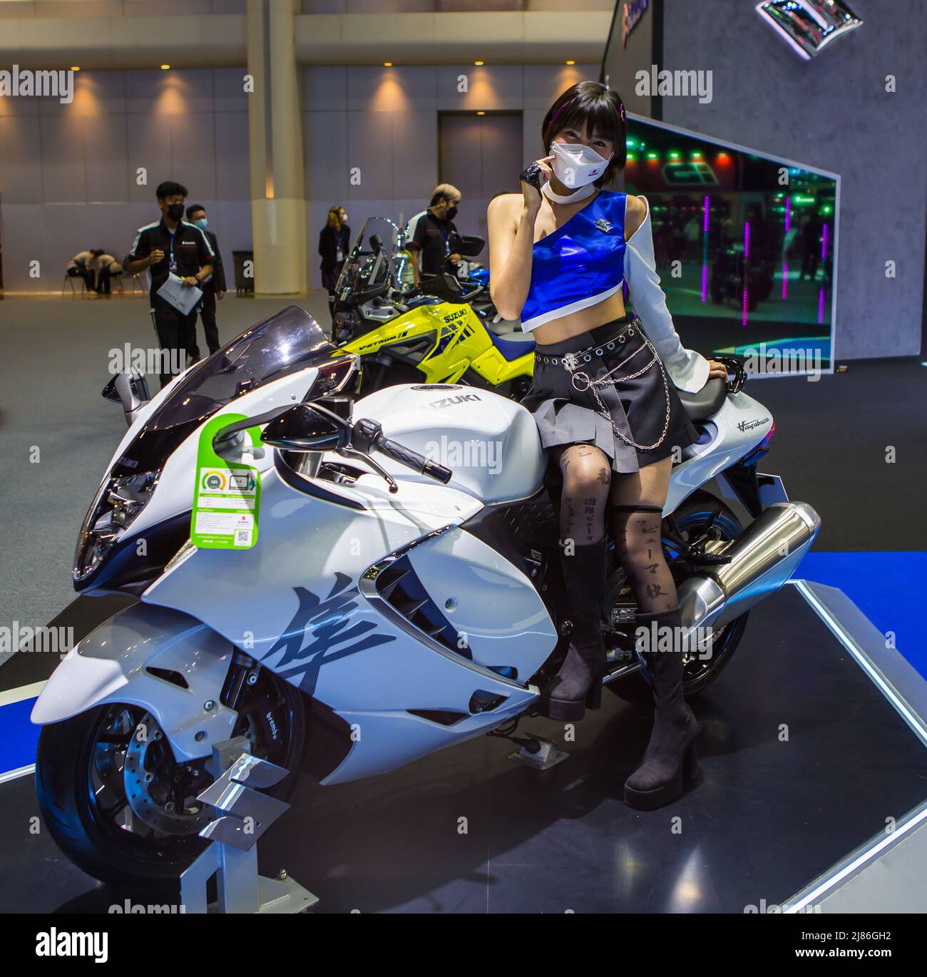 Nonthaburi, Thailand - March 24, 2022: Suzuki Hayabusa and female presenter in Motor Show 2022 Stock Photo
