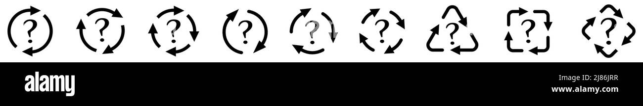 Question mark icon in arrows forming cycle, two three and four arrow version. Unknown change or loop concept Stock Vector