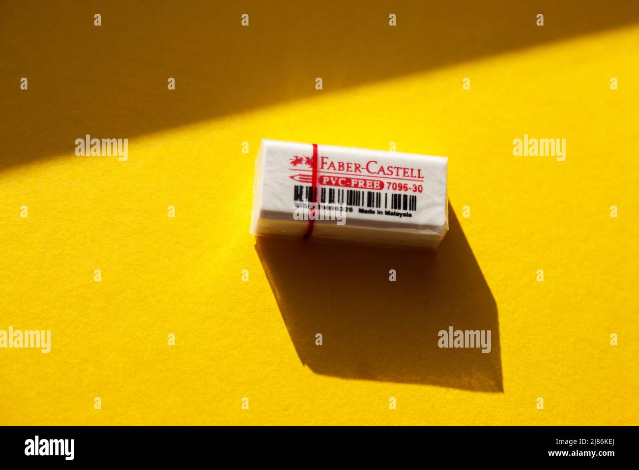 Umea, Norrland Sweden - October 9, 2019: a white eraser on a yellow background Stock Photo