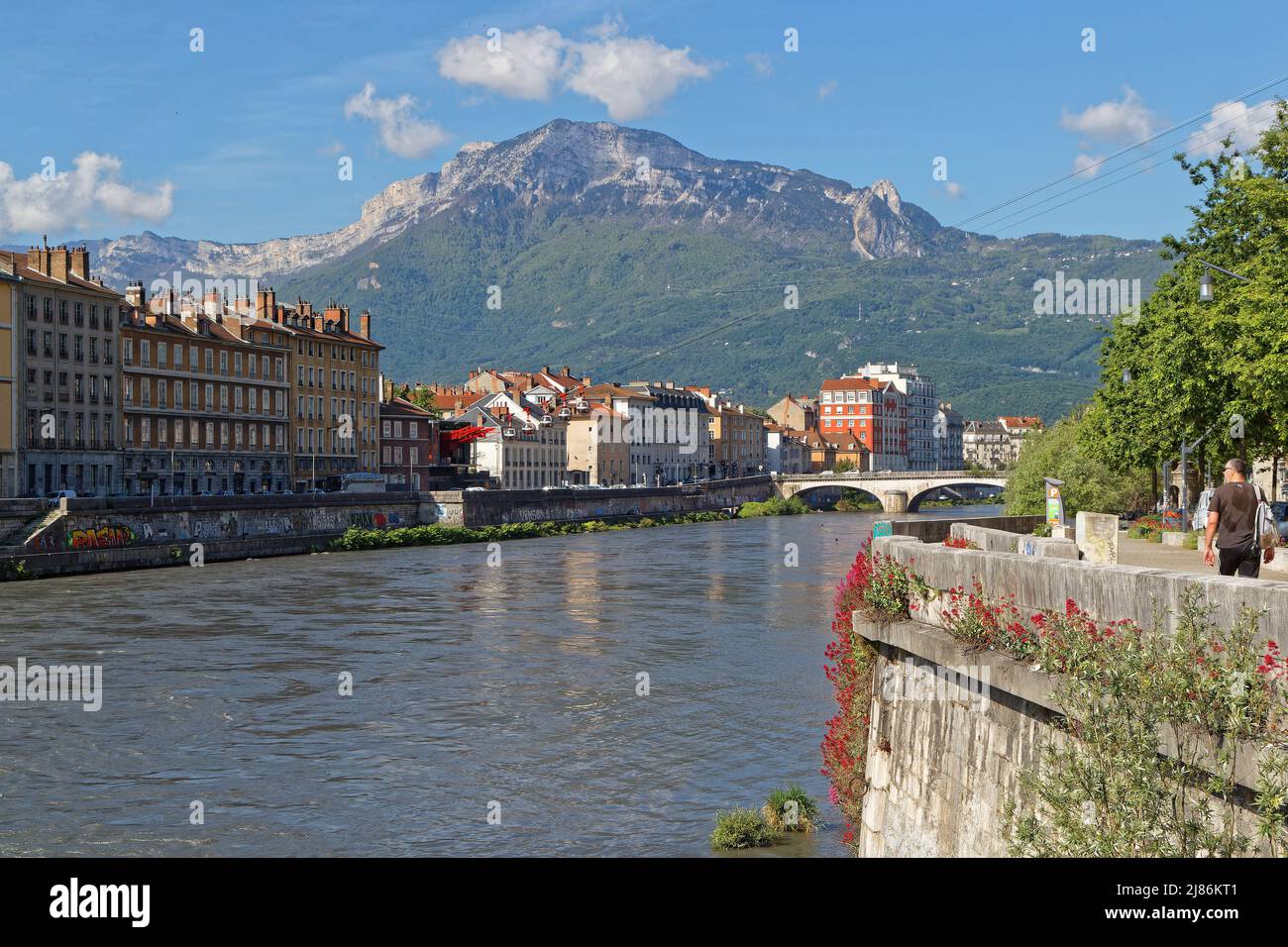 GRENOBLE, FRANCE, May 10, 2022 : Banks of Isere river. Grenoble was awarded European Green Capital for 2022, pioneering nature of its actions for ecol Stock Photo