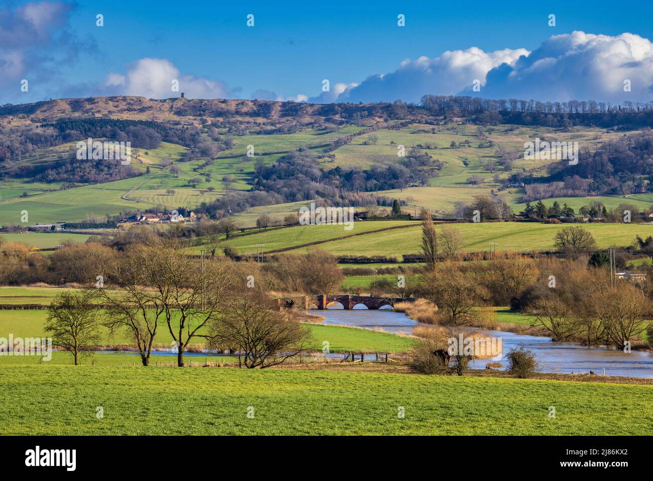 Bredon Hill, Eckington Bridge and the River Avon in the winter, Worcestershire, England Stock Photo
