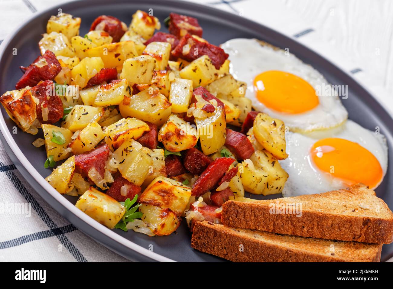 closeup of classic Corned Beef Hash Browns with sunny side up fried