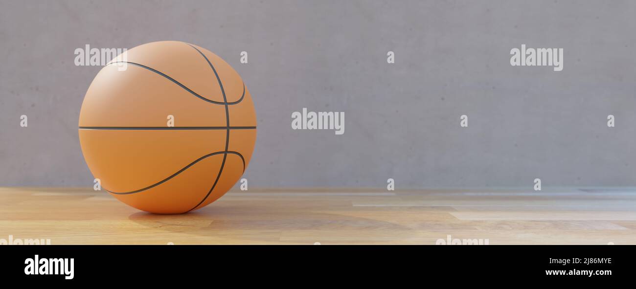 Basketball. Basket ball on sport court, wooden floor and empty wall