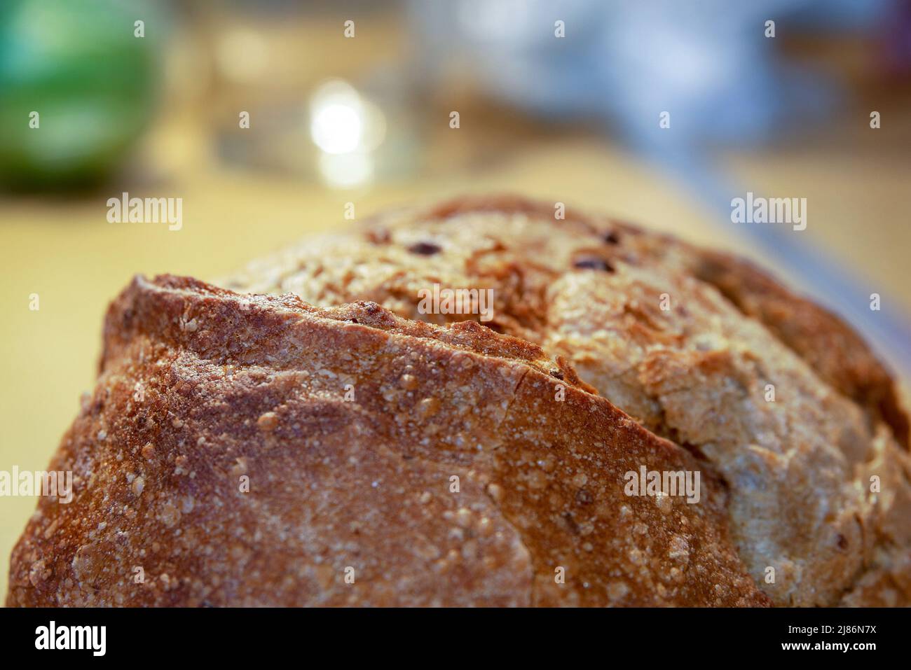 Fragment wheat round bread surface with sprouted grains, sunflower