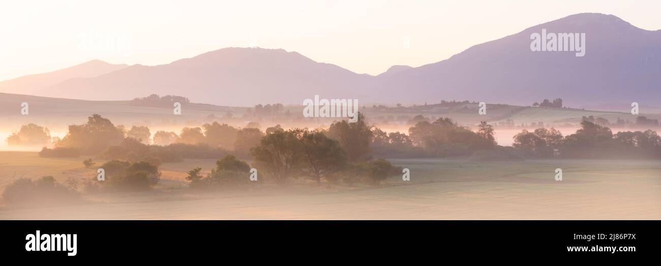 Morning fog in the floodplains of river Turiec in Slovakia. Stock Photo