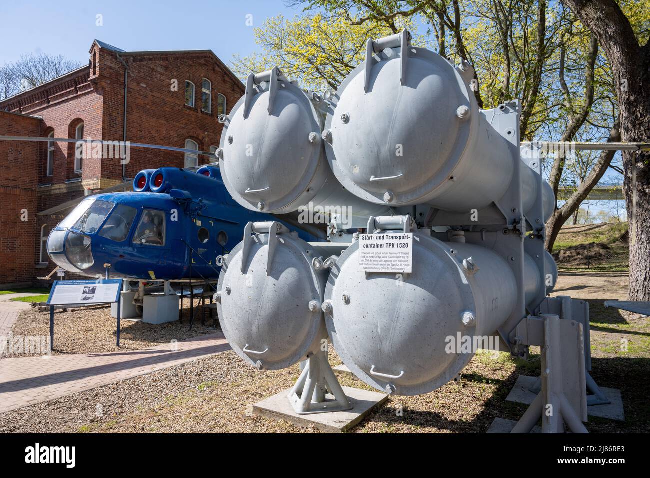 25 April 2022, Mecklenburg-Western Pomerania, Stralsund: On the grounds of the Dänholm Naval Museum stands a launch and transport container TPK 1520, which was used to store, transport and launch Ch-35 'Uranium' sea target missiles (NATO designation SS-N-25 'Switchblade'). On the island of Dänholm, between the mainland and Rügen, visitors can immerse themselves in naval history on Museum Day in a former barracks. The museum displays original objects from military seafaring such as uniforms and weapons, as well as photos, films and documents. Attractions also include a naval helicopter and a to Stock Photo