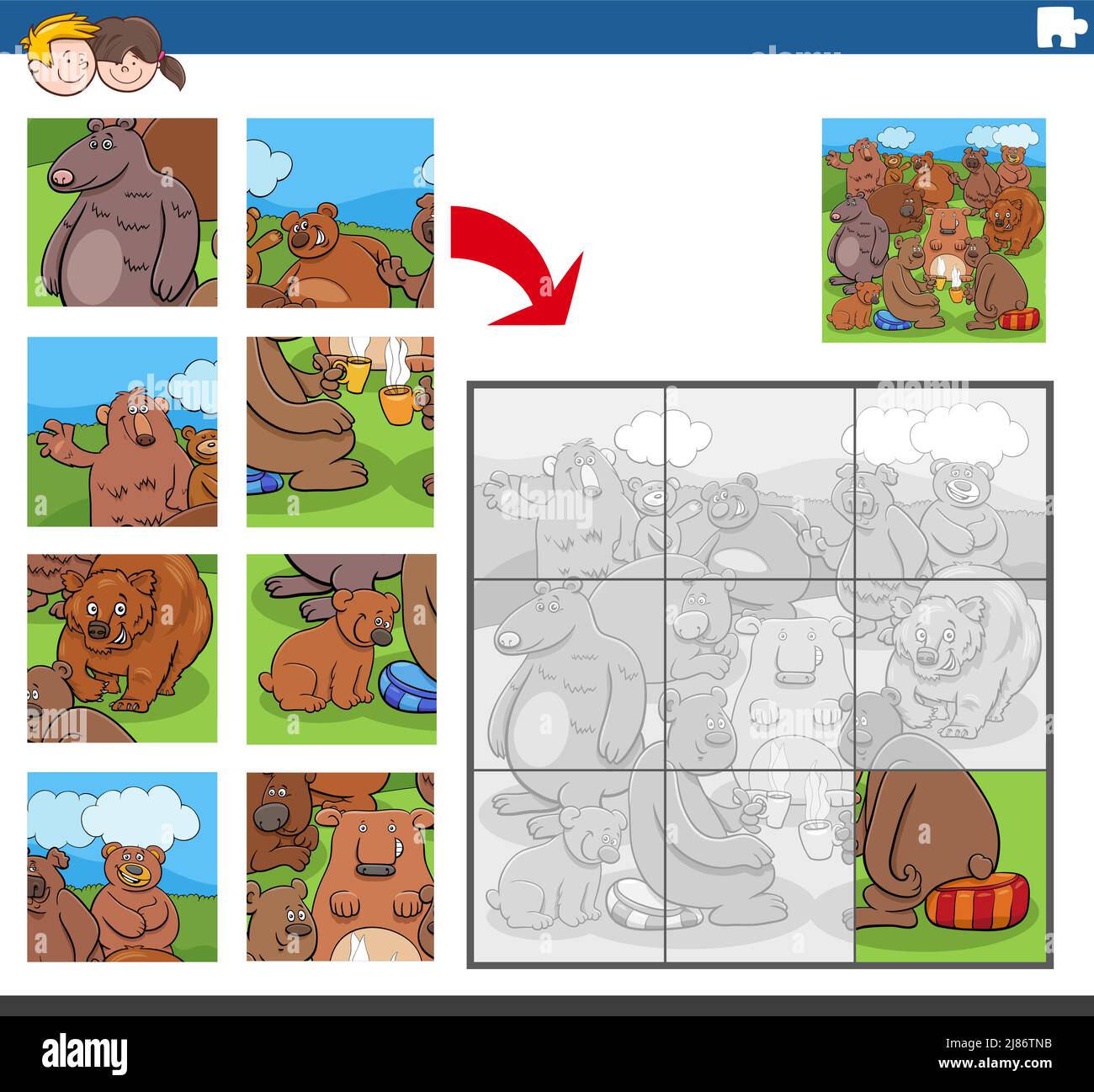 Cartoon illustration of educational jigsaw puzzle game for children ...