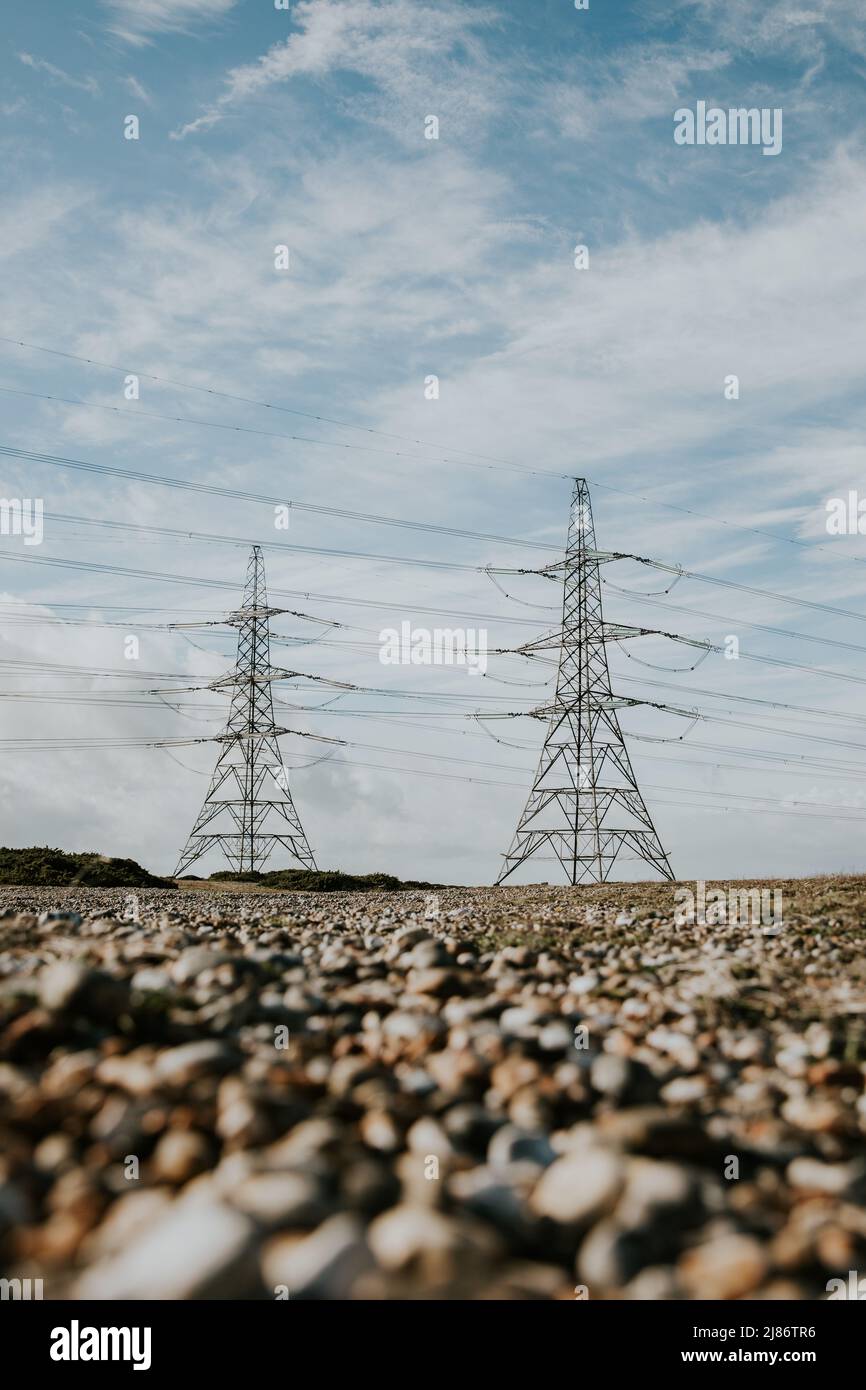 Power lines from Dungeness B Power Station over Romney Marsh, Kent Stock Photo