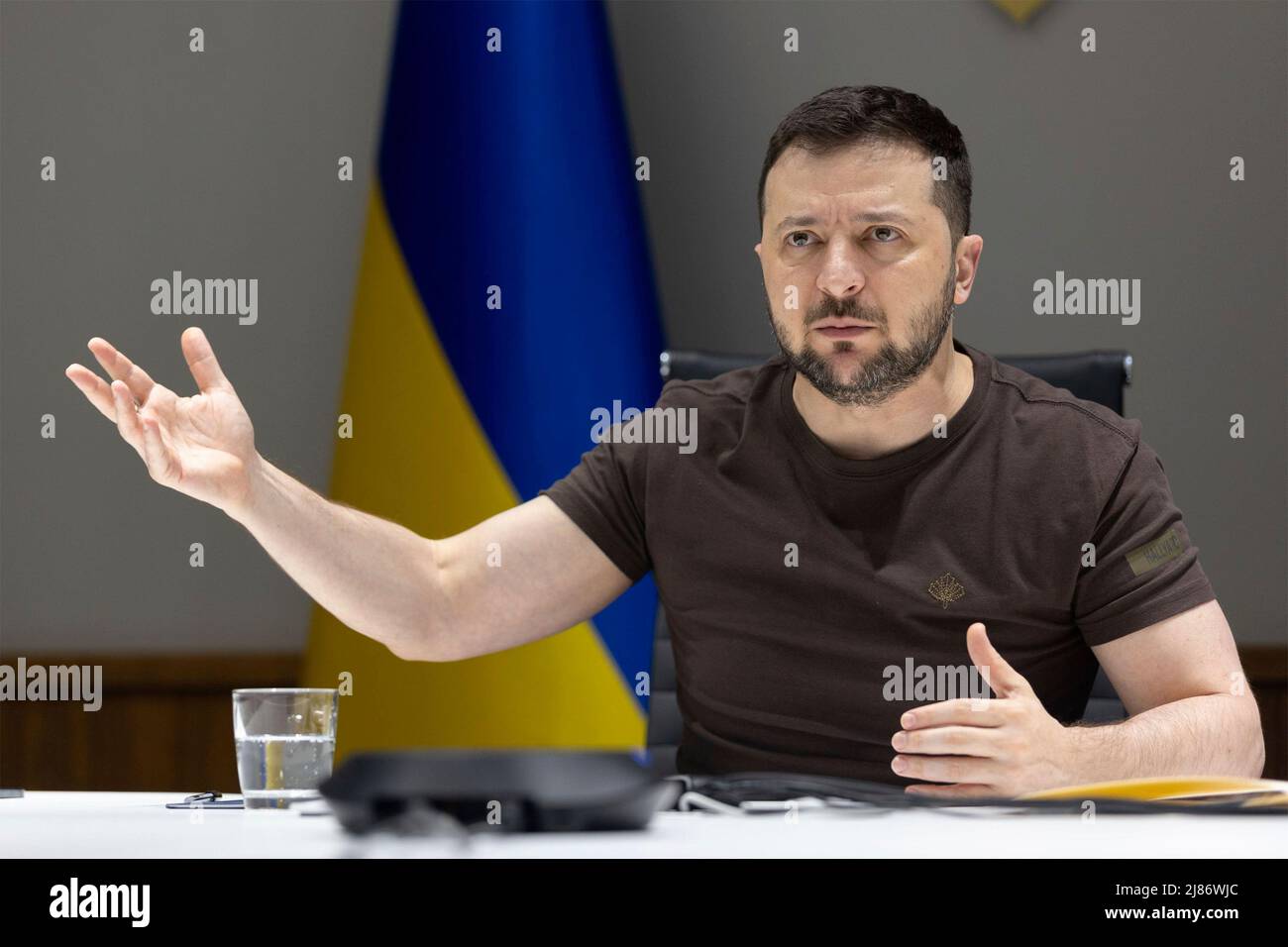 Kyiv, Ukraine. 13th May, 2022. Ukrainian President Volodymyr Zelenskyy, is interviewed via video link by the Porta a Porta project of the Italian TV channel Rai 1 from his secure office, May 13, 2022 in Kyiv, Ukraine. Credit: Ukraine Presidency/Ukraine Presidency/Alamy Live News Stock Photo