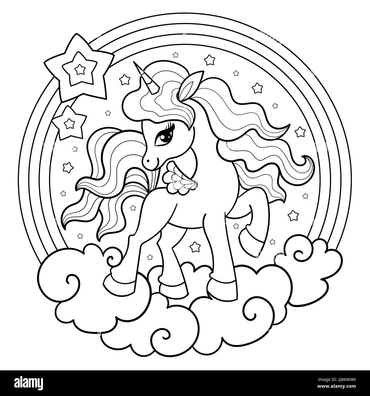 Cute cheerful unicorn. Black and white linear drawing. Vector Stock Vector