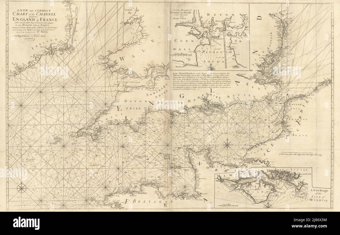 A new & correct chart of the Channel between England & France. COLLINS 1723 map Stock Photo