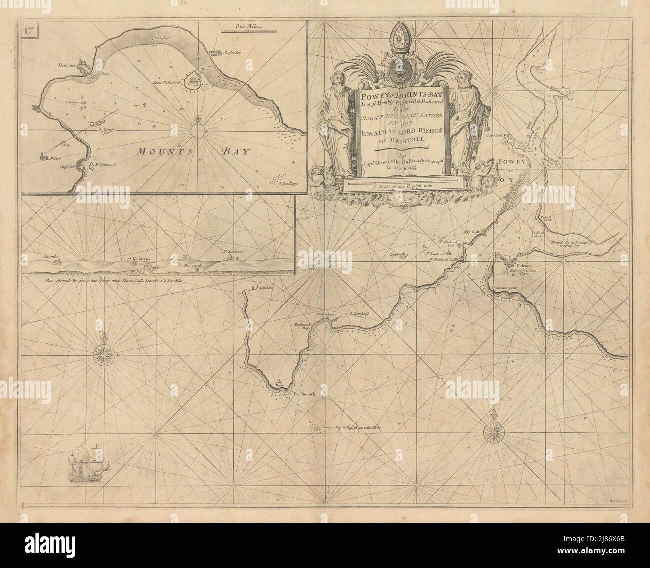 FOWEY & MOUNTS BAY sea chart. Polruan Bodinnick Penzance. COLLINS 1723 old map Stock Photo