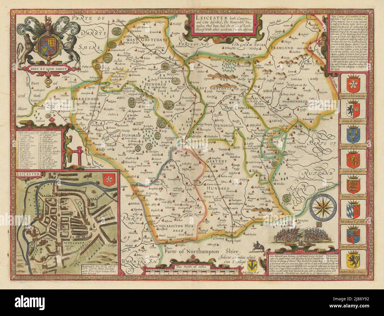Leicestershire county map by John Speed. Henry Overton edition 1713 old Stock Photo