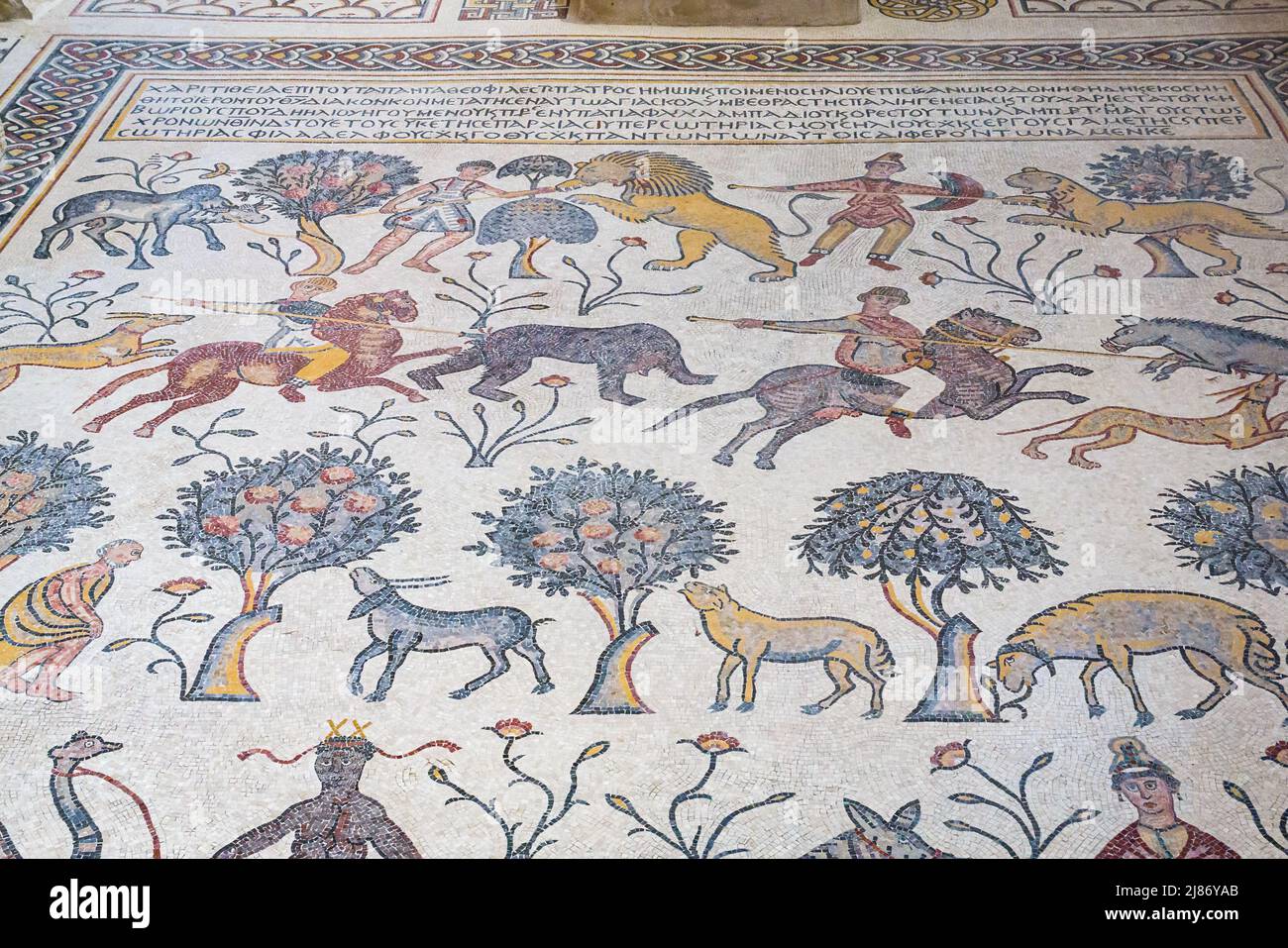 Preserved ancient tiled mosaic floor of animal depictions, Diakonikon Baptistry Chapel, Byzantine Church Basilica, Mount Nebo, Jordan Stock Photo