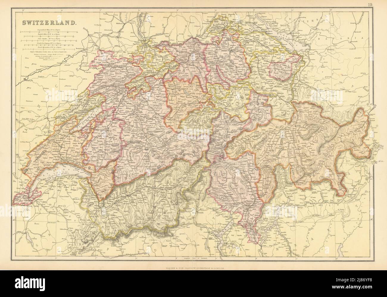 SWITZERLAND. railways mountain paths waterfalls & glaciers. BLACKIE 1886 map Stock Photo