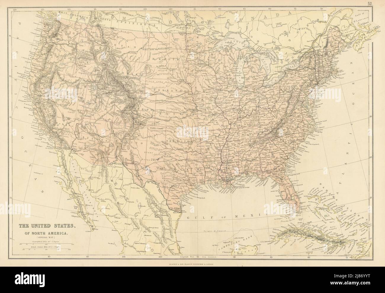 USA. Shows Oklahoma as 'Indian Territory'. Dakotas as a single state 1886 map Stock Photo