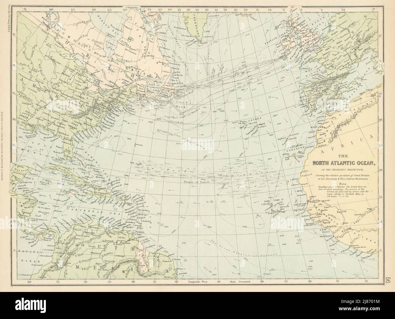 NORTH ATLANTIC OCEAN. Telegraph cables/dates. Ocean currents/velocities 1886 map Stock Photo