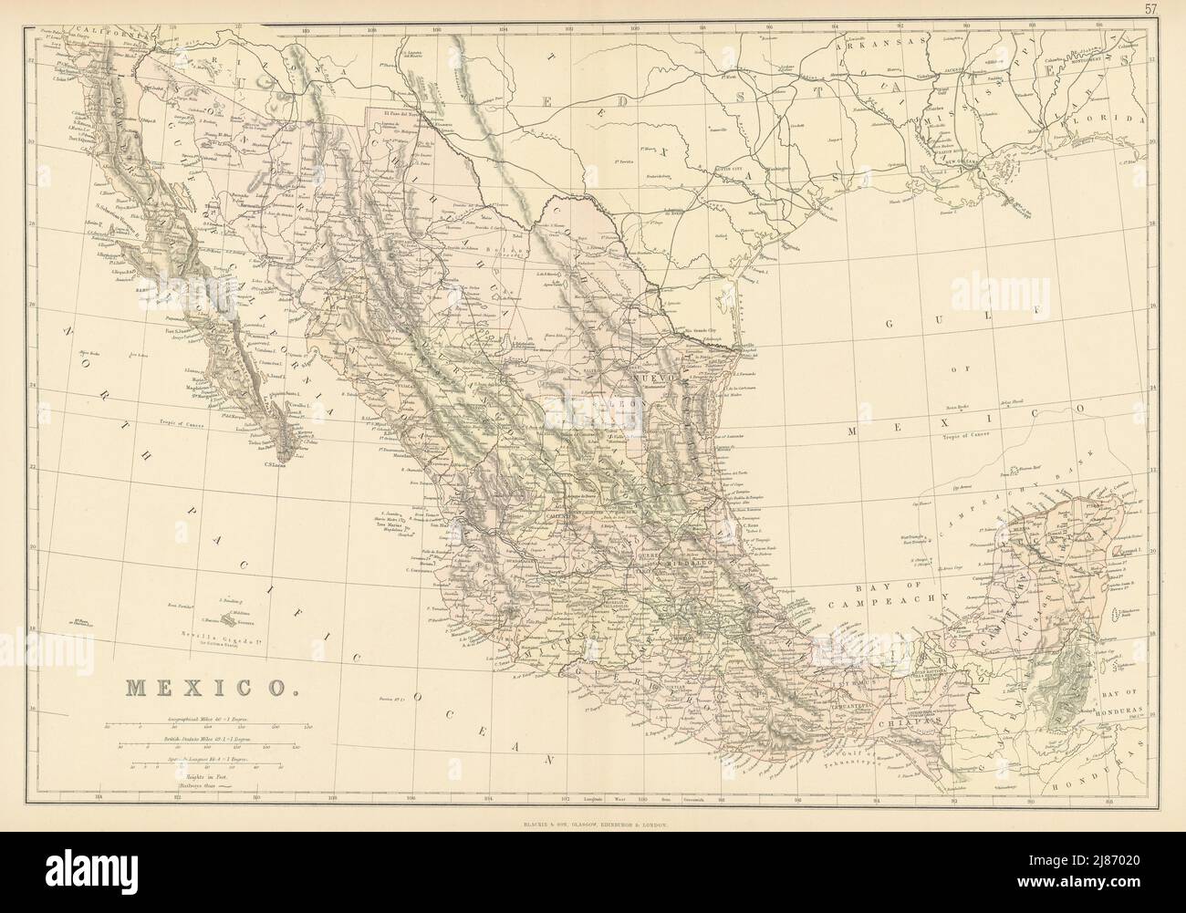 MEXICO. Showing states. Scale in Spanish Leagues. BLACKIE 1886 old antique map Stock Photo Alamy