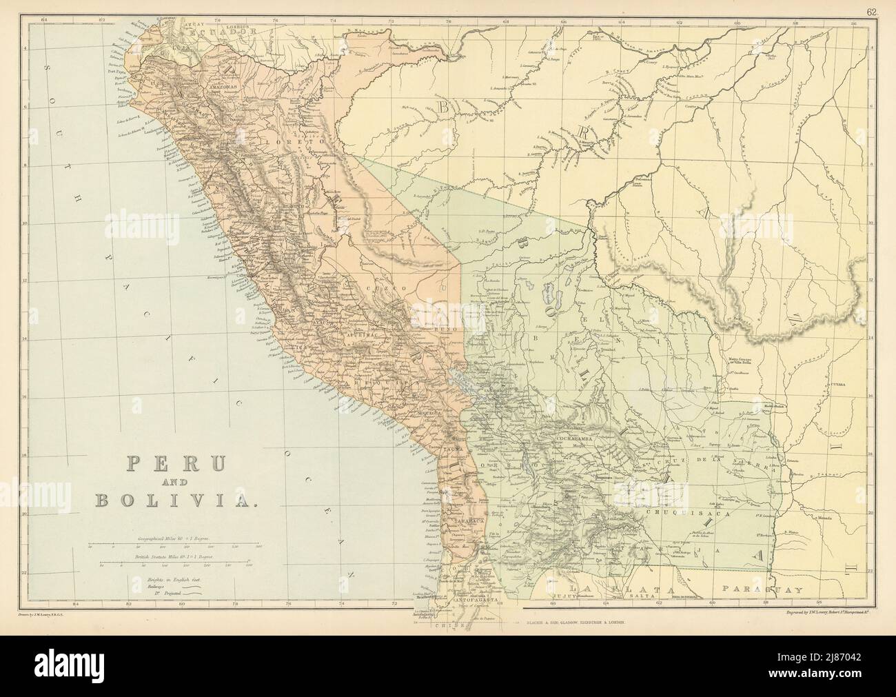 PERU & BOLIVIA W/LITORAL. < Pacific War borders.Planned La Paz railway 1886 map Stock Photo