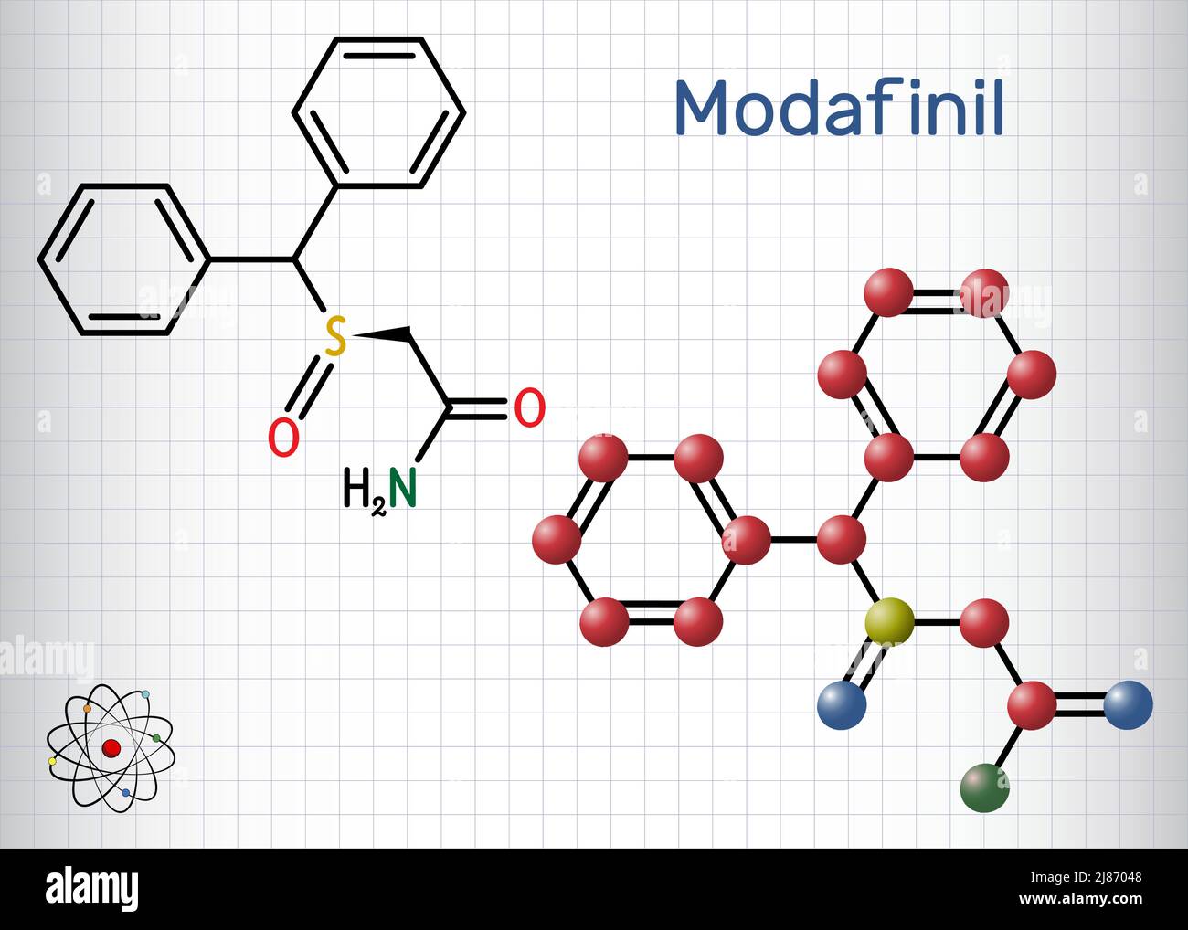 Modafinil molecule. It is stimulant, wakefulness promoting agent. Sheet ...