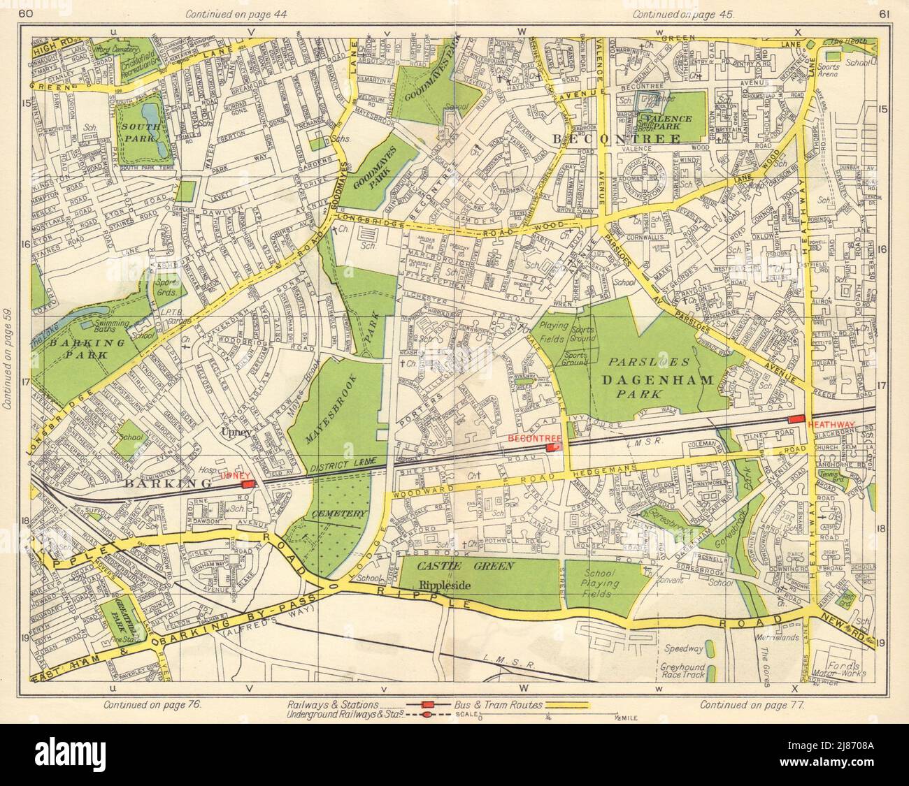 E LONDON. Becontree Dagenham Barking Rippleside Upney Goodmayes Park 1948 map Stock Photo