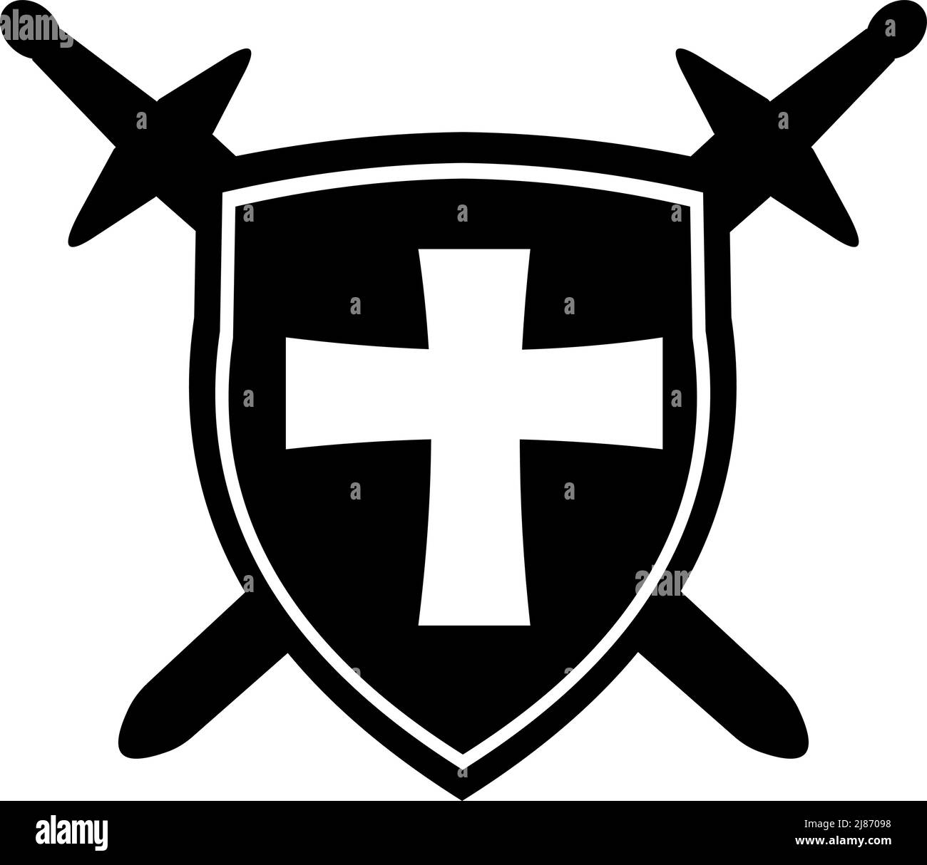 Vector icon illustration of crossed swords and a medieval shield Stock Vector