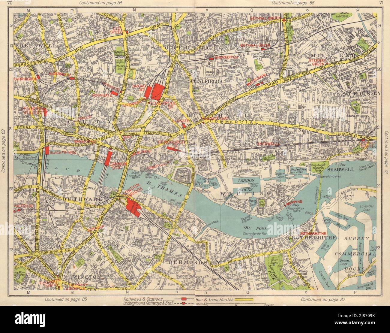 LONDON CITY/EAST END. Southwark Shoreditch Whitechapel Bermondsey 1948 old map Stock Photo