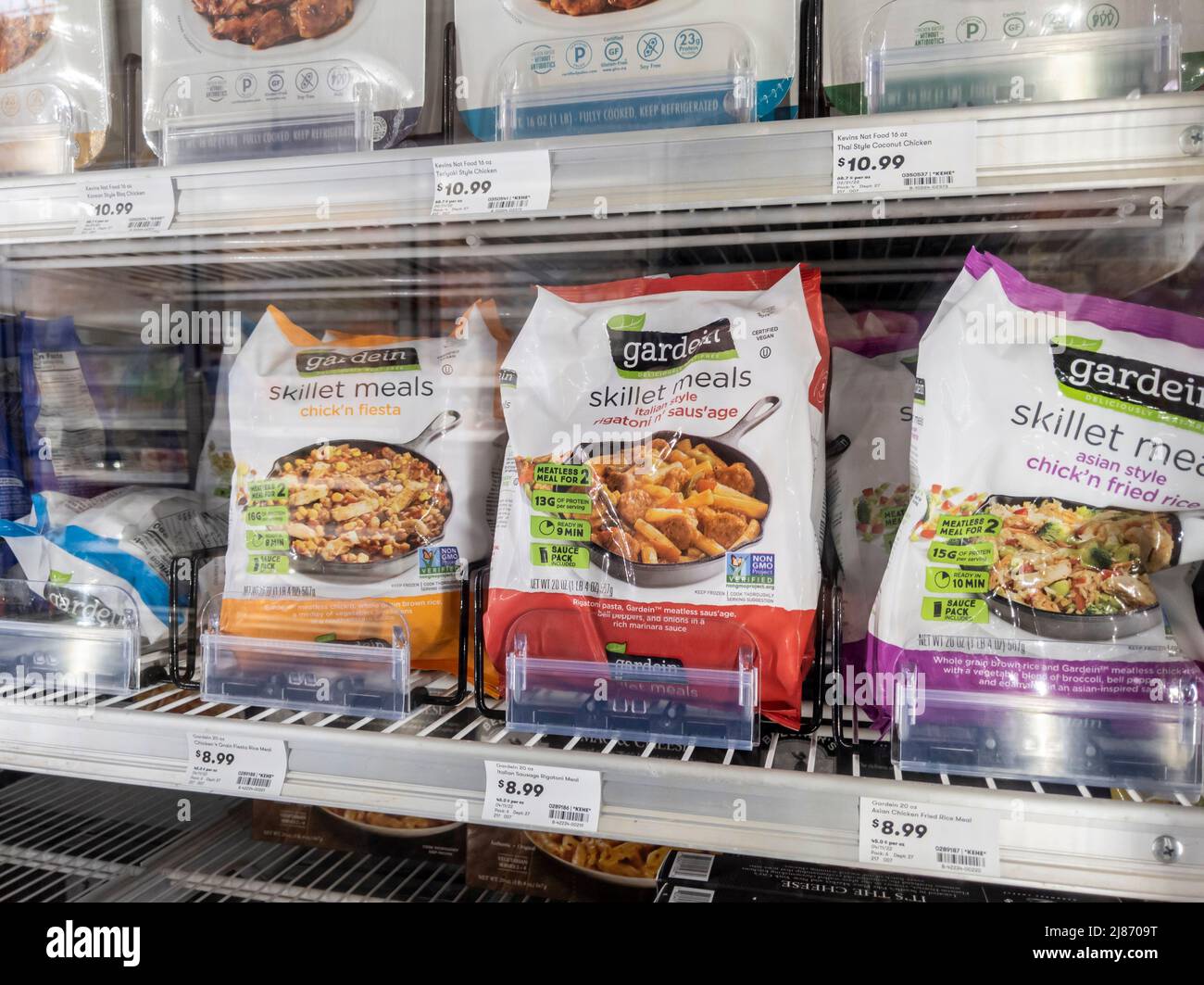 Mill Creek, WA USA - circa May 2022: Close up of Gardein brand vegetarian and vegan food for sale in the freezer section of a Town and Country grocery Stock Photo