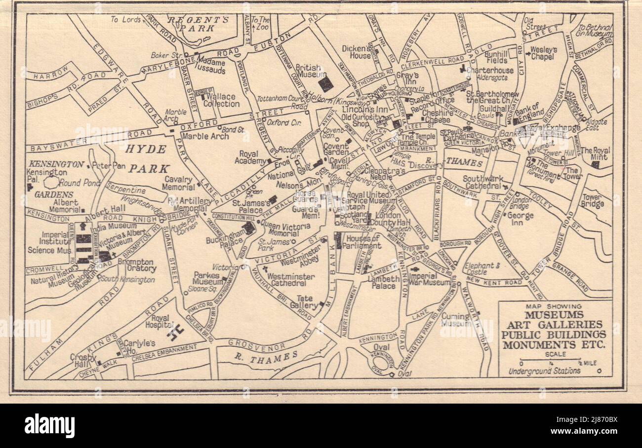 LONDON Museums Art Galleries Public Buildings Monuments 1948 old vintage map Stock Photo