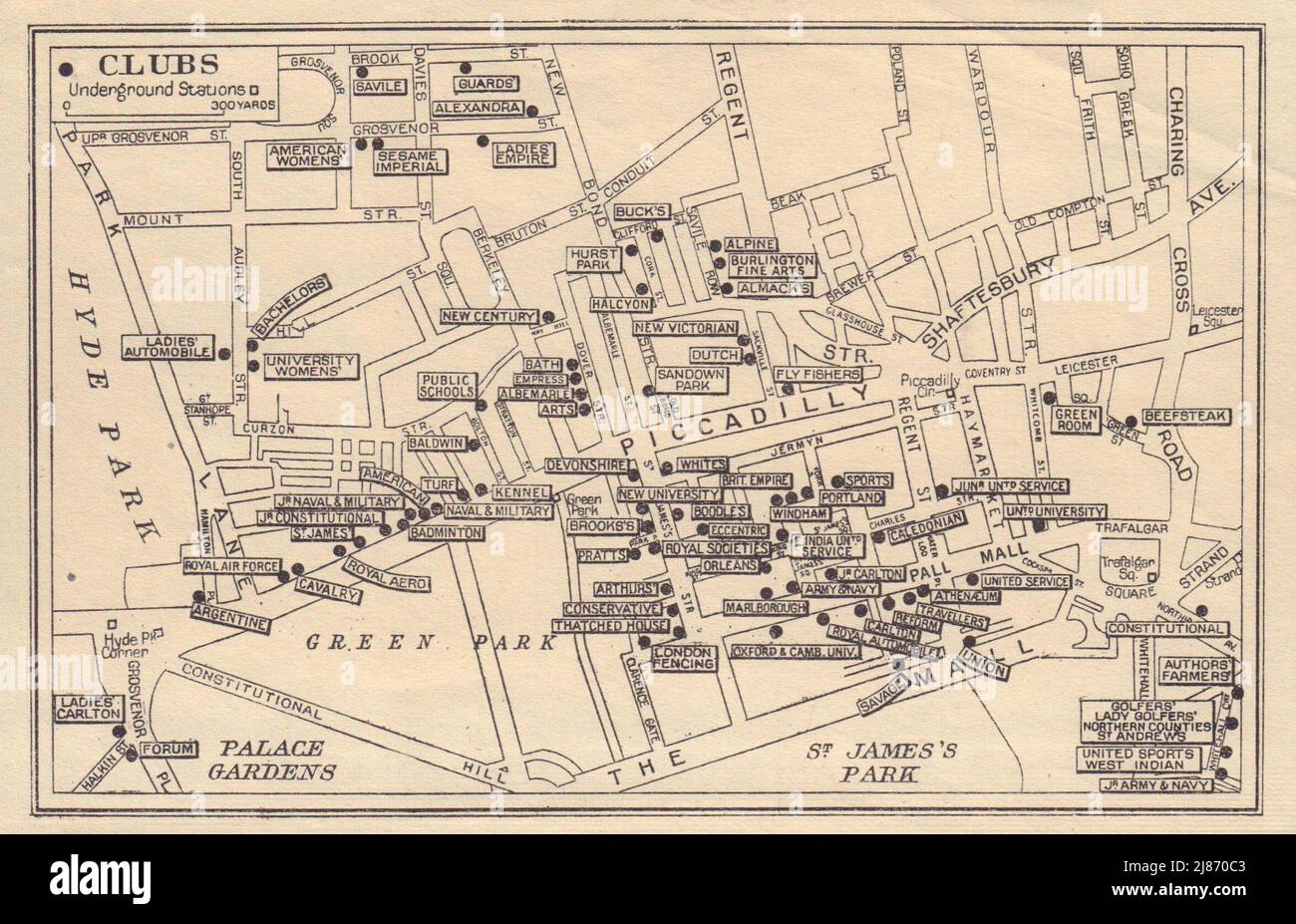 LONDON GENTLEMENS' & LADIES CLUBS. St James's Mayfair Whitehall 1948 old map Stock Photo