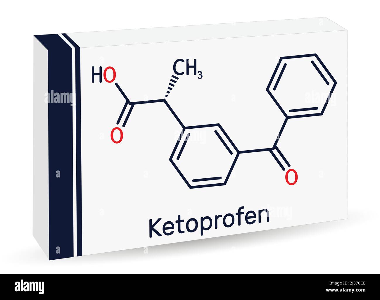 Ketoprofen molecule. Skeletal chemical formula, Paper packaging for