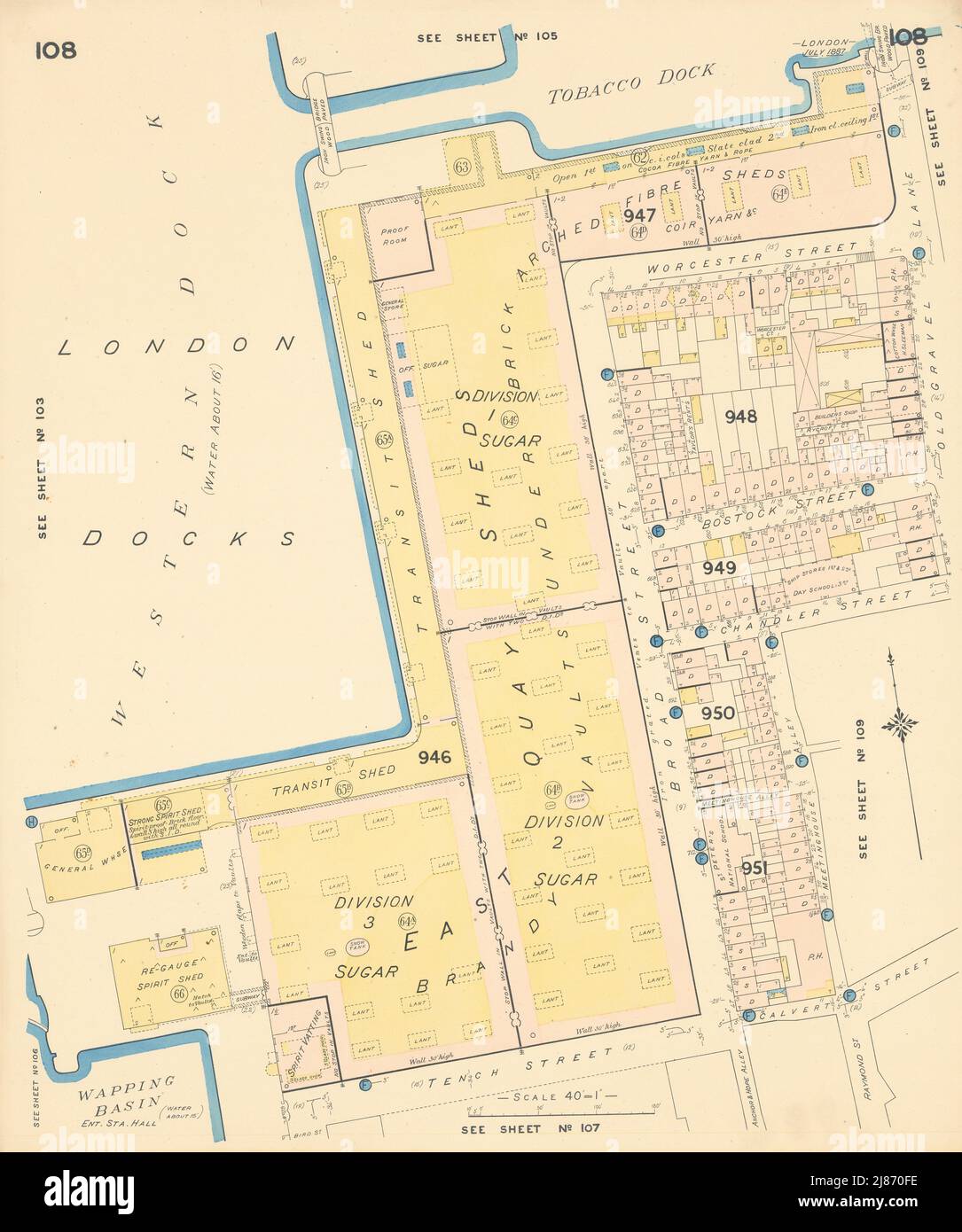 Wapping Basin London & Tobacco Docks. Reardon Street. Goad Insurance map 1887 Stock Photo