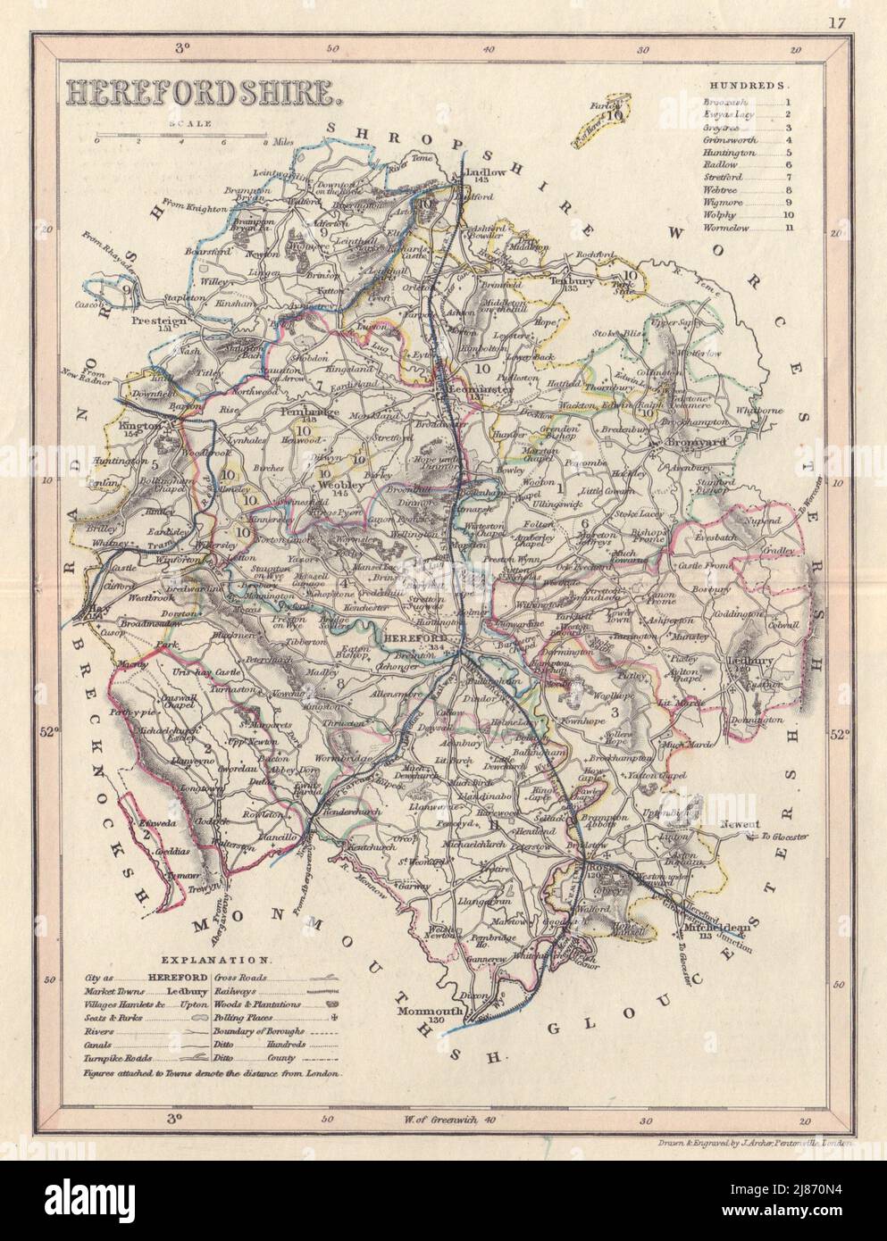 HEREFORDSHIRE county map by DUGDALE/ARCHER. Seats canals polling places 1845 Stock Photo