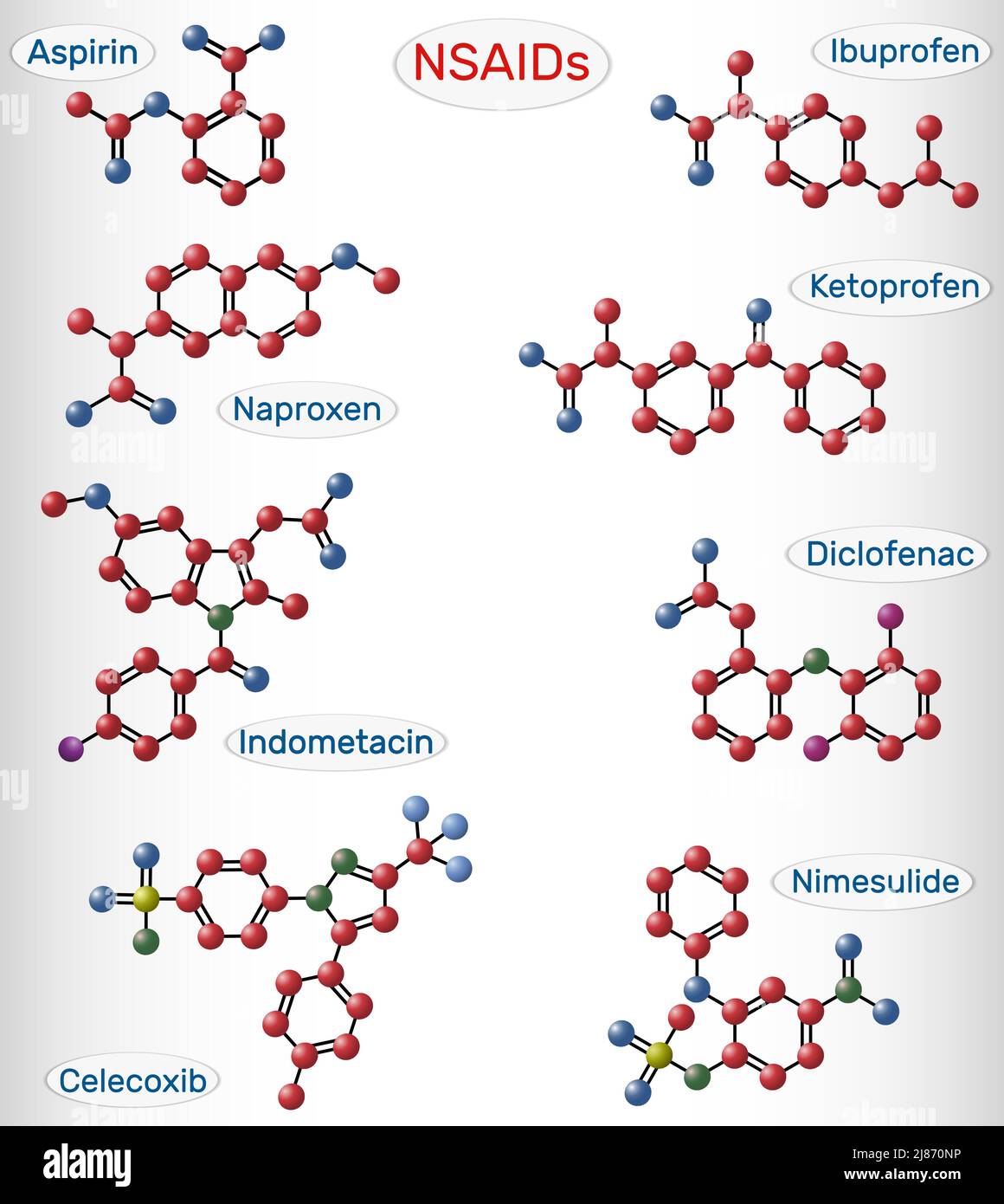 Nimesulide, aspirin, acetylsalicylic acid, ibuprofen, diclofenac,  Indometacin, naproxen, ketoprofen, nimesulide, celecoxib molecules. It is  NSAIDs. Ve Stock Vector Image & Art - Alamy