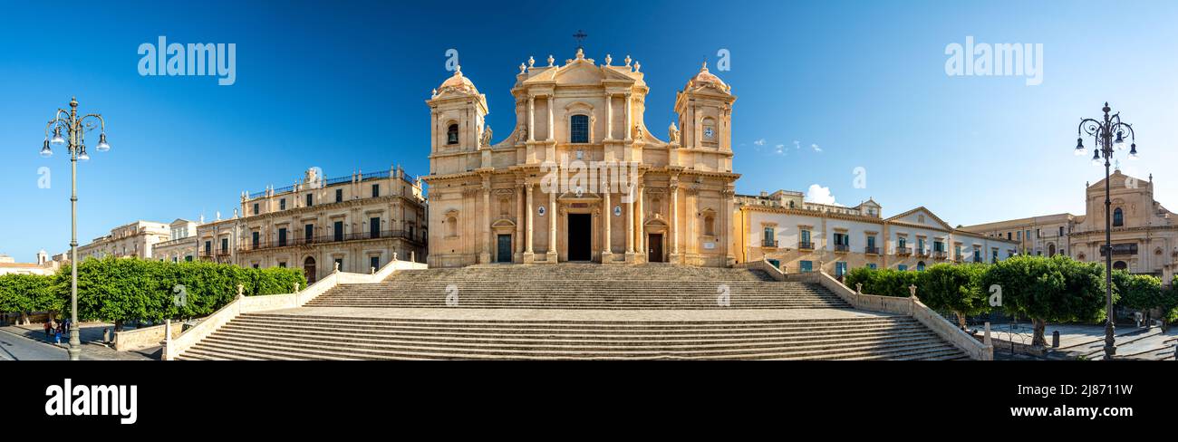 Widescreen panorama shot of ancient beautiful baroque cathedral in Noto (Cattedrale di San Nicolò), Sicily, Italy Stock Photo