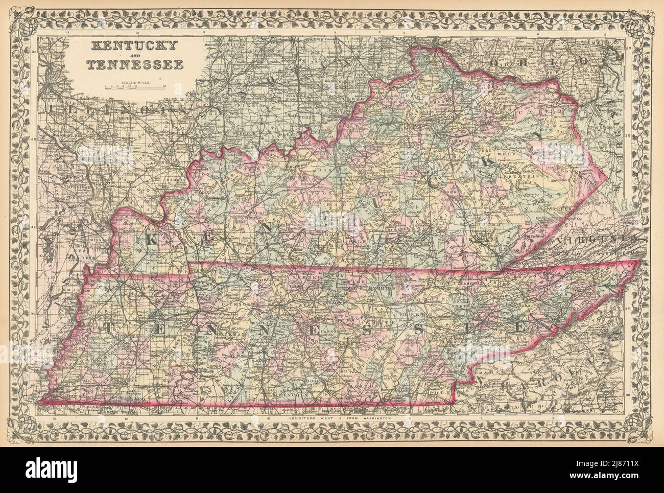 Kentucky and Tennessee by S. Augustus Mitchell 1875 old antique map plan chart Stock Photo