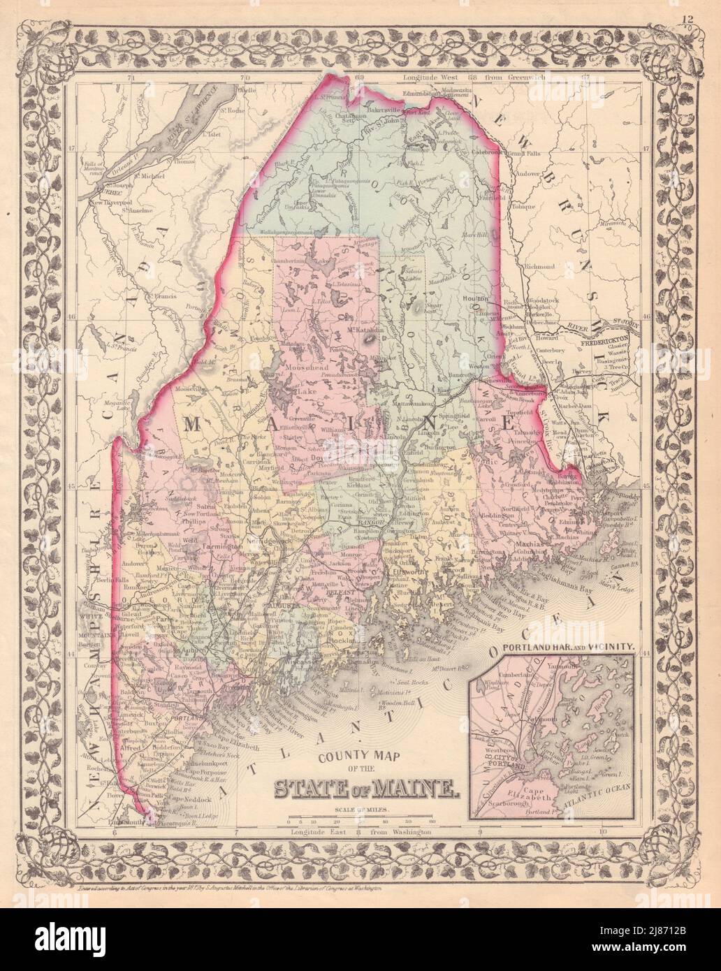 County Map of the State of Maine by S. Augustus Mitchell 1875 old antique Stock Photo