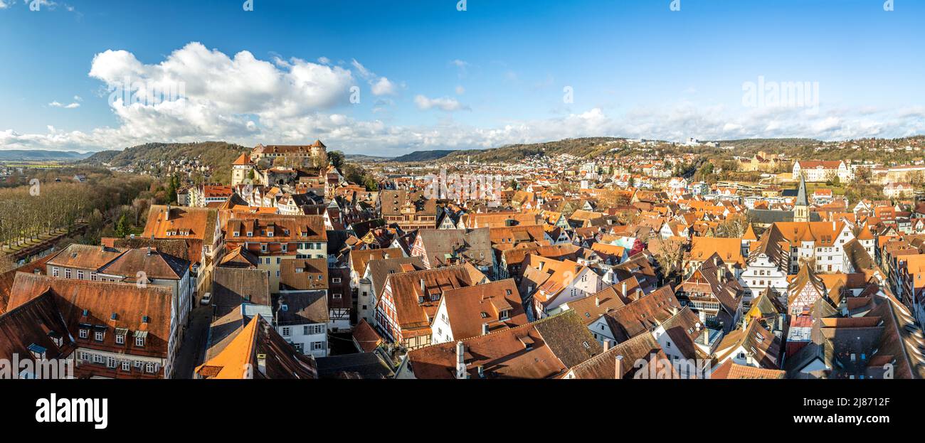 Widescreen high-res panorama shot of the old town and castle of Tübingen in Southern Germany Stock Photo