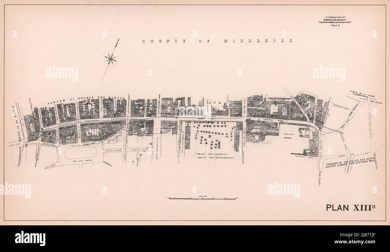 1872 Theobalds/Clerkenwell Road widening. Southampton Row-Hatton Garden 1898 map Stock Photo