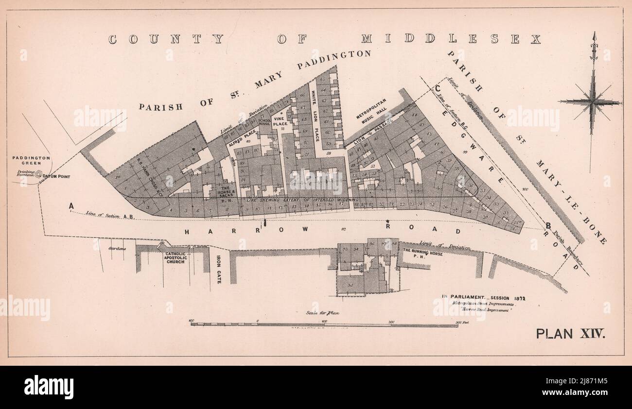1872 Harrow Road widening plan. Paddington Edgware Road Bayswater 1898 old map Stock Photo