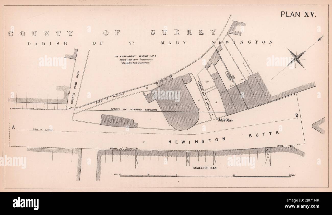 1872 Newington Butts widening. St Mary's churchyard. Elephant & Castle 1898 map Stock Photo