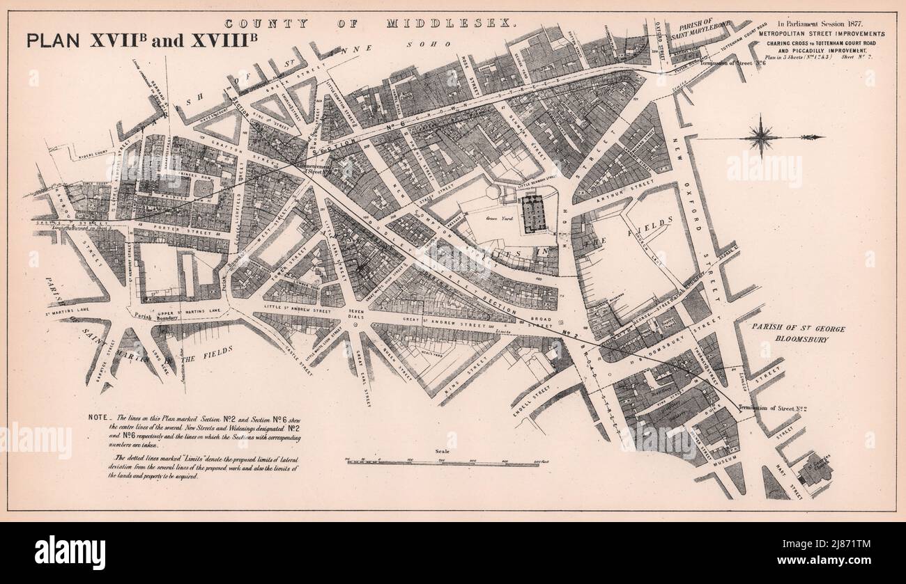 1877 Charing Cross Road & Shaftesbury Avenue development. Seven Dials 1898 map Stock Photo