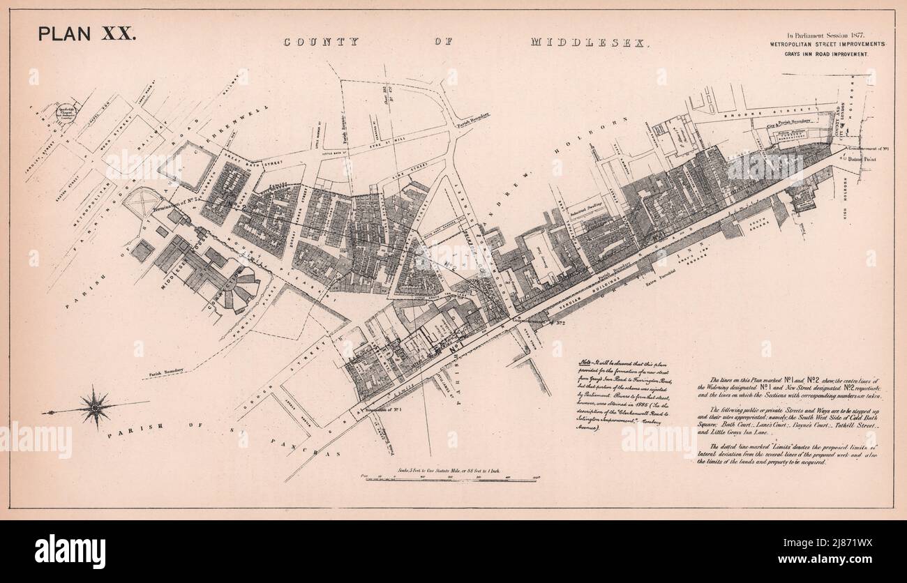 1877 Rosebery Avenue development. Grays Inn Road to Farringdon Road 1898 map Stock Photo