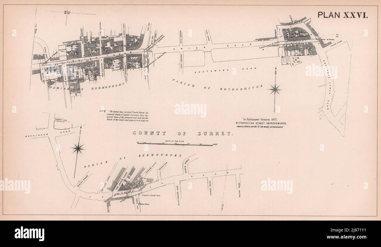 1877 Jamaica Road & Old Jamaica Road widening. Union St. Bermondsey 1898 map Stock Photo