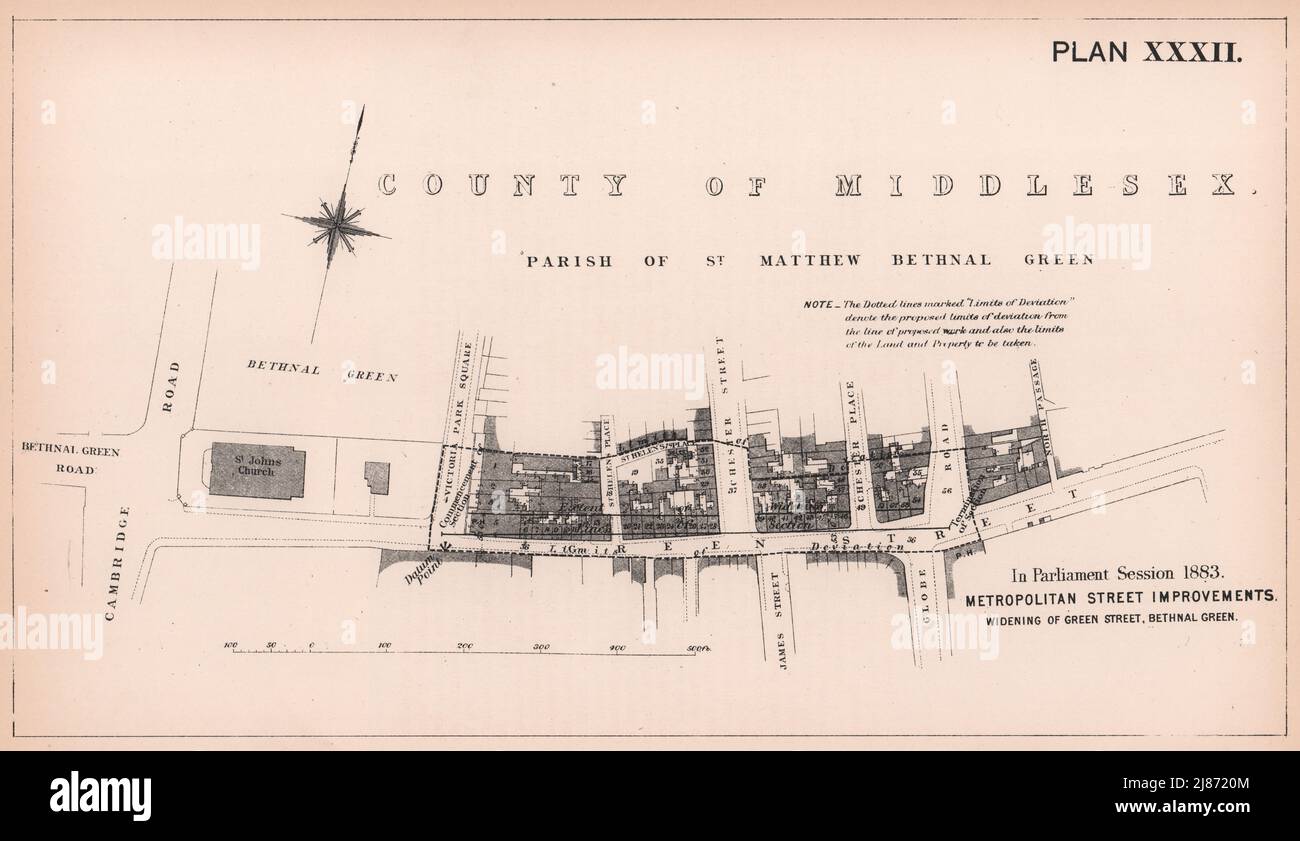 1883 Green Street (now Roman Road) widening, Bethnal Green. Globe Road 1898 map Stock Photo