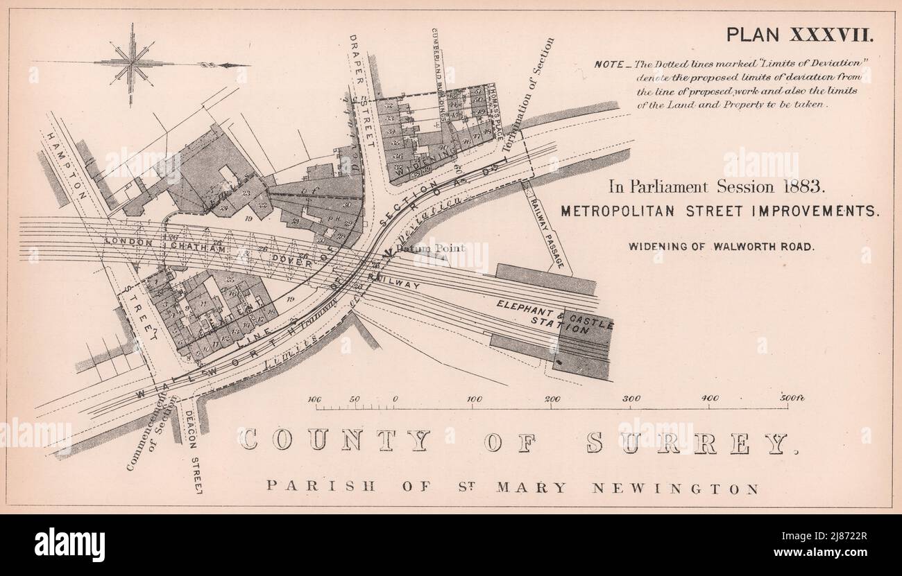 1883 Walworth Road/Newington Butts widening. Elephant & Castle station 1898 map Stock Photo